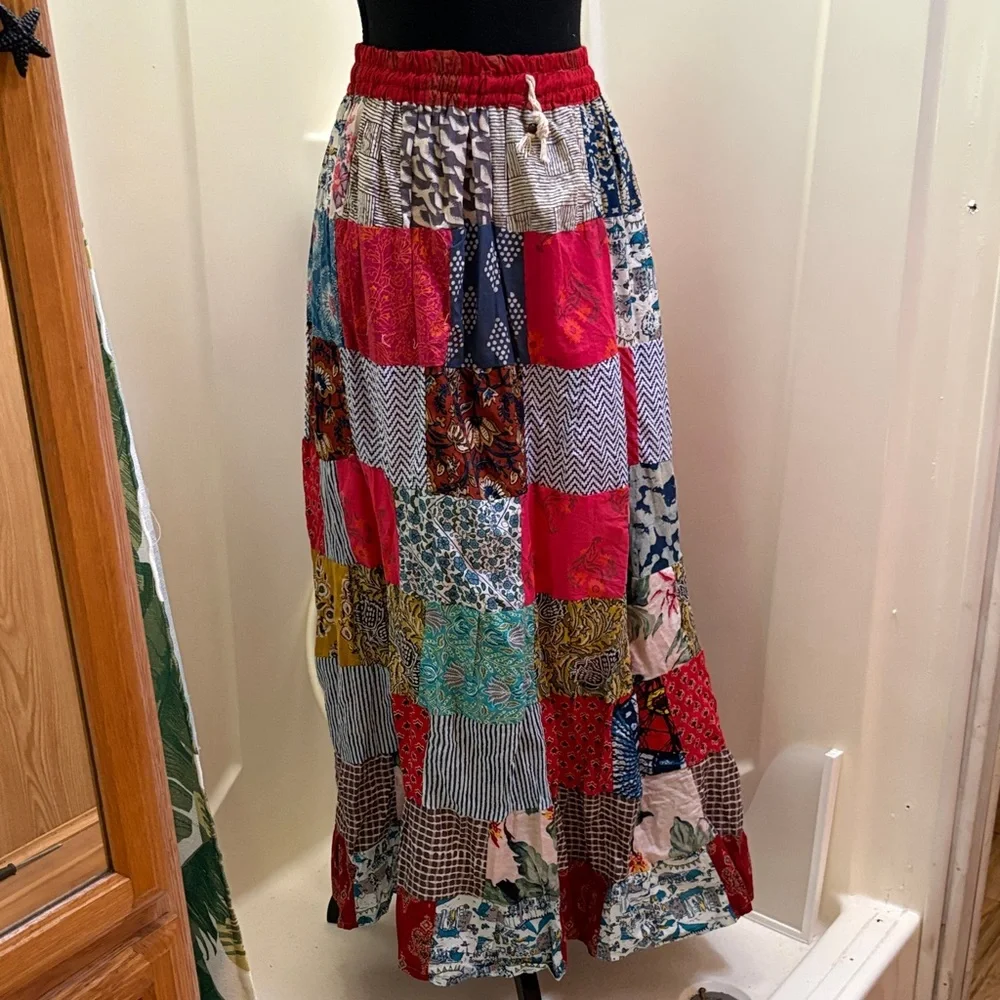 Boho Patchwork Freesize Maxi Skirt with Red elastic Waistband - Picture 1 of 4